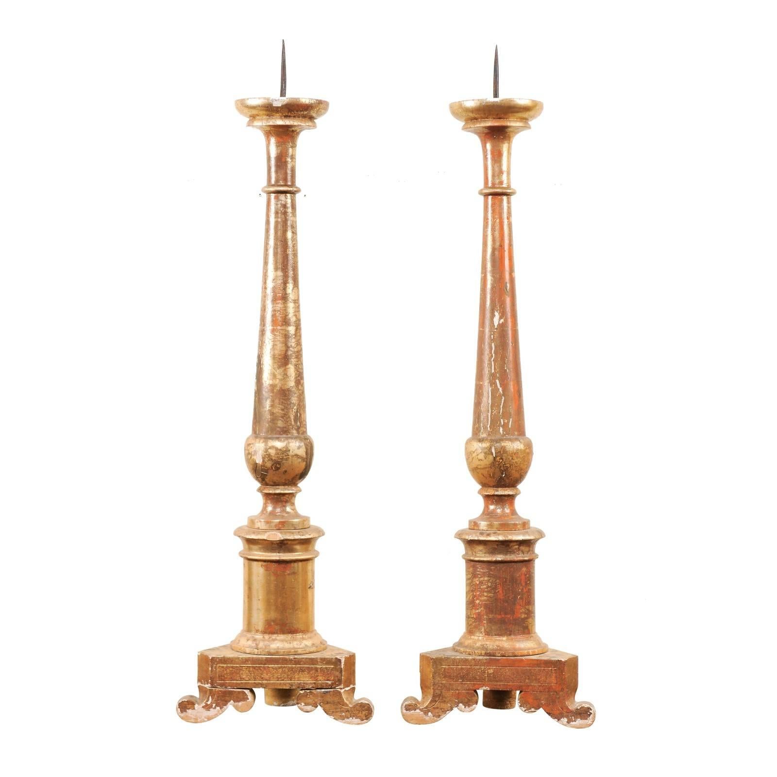 Pair of Italian 19th Century Altar Sticks/Tall Gilded Candlesticks For Sale