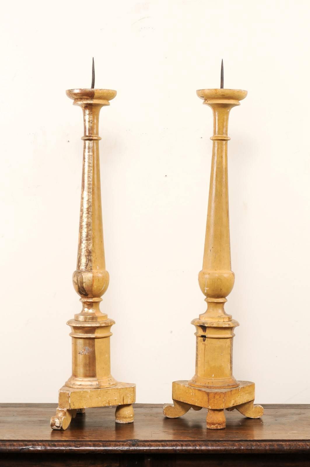 Pair of Italian 19th Century Altar Sticks/Tall Gilded Candlesticks For Sale 3