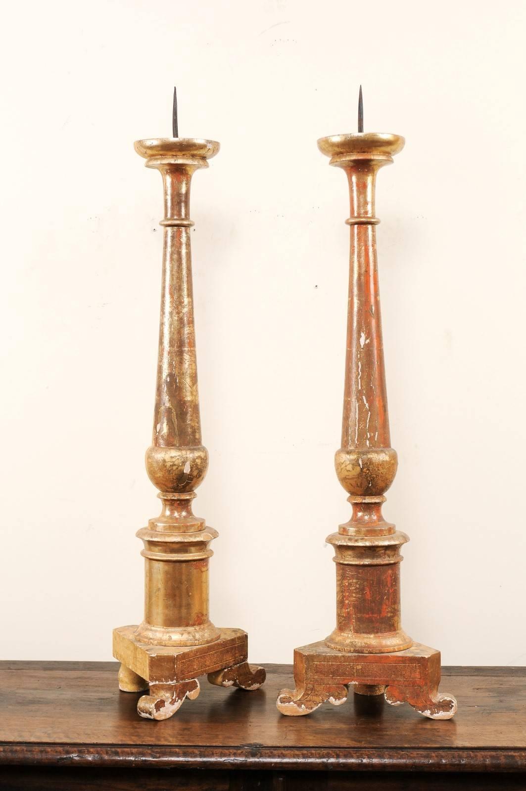 Metal Pair of Italian 19th Century Altar Sticks/Tall Gilded Candlesticks For Sale