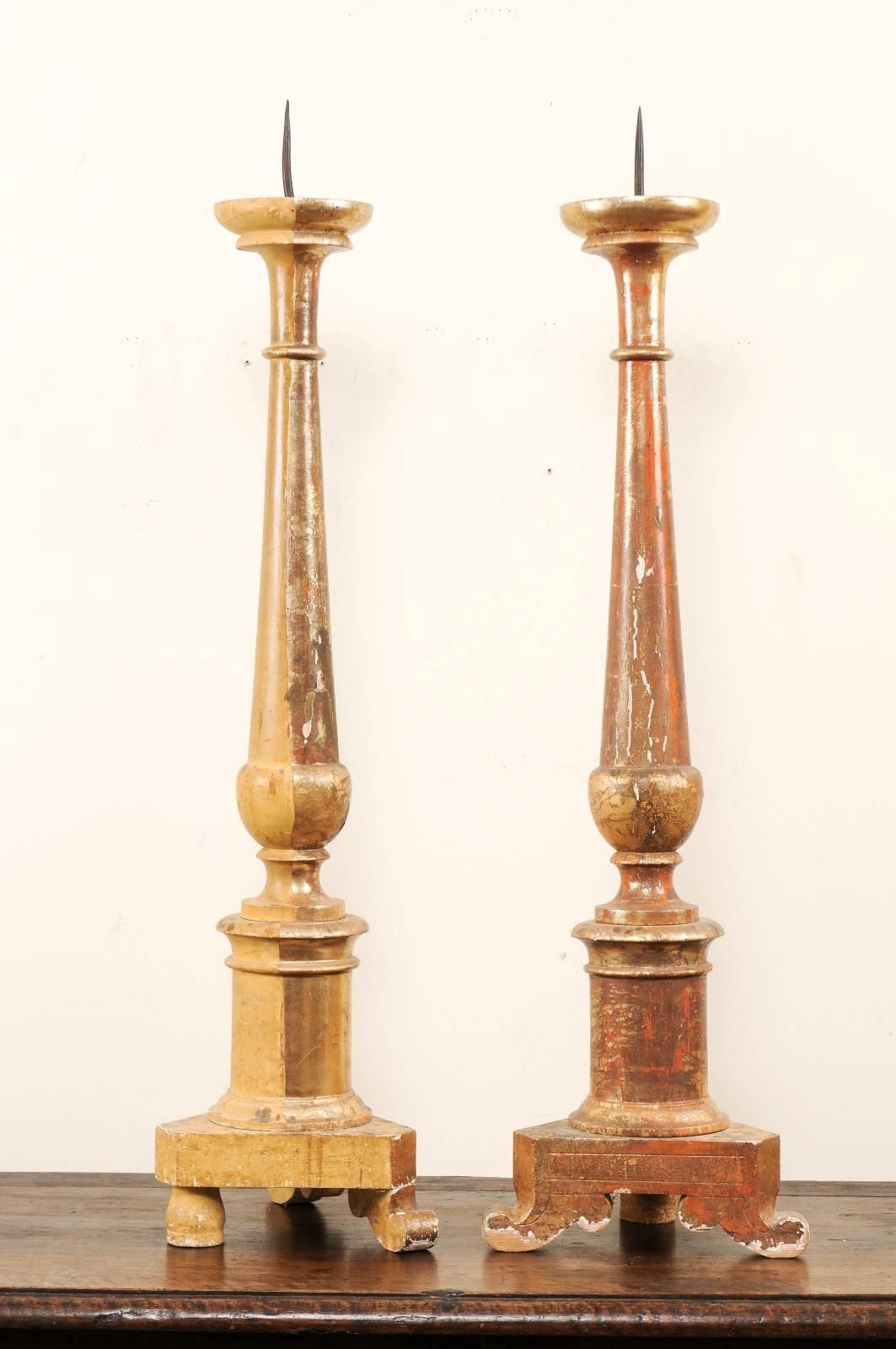 Pair of Italian 19th Century Altar Sticks/Tall Gilded Candlesticks For Sale 1