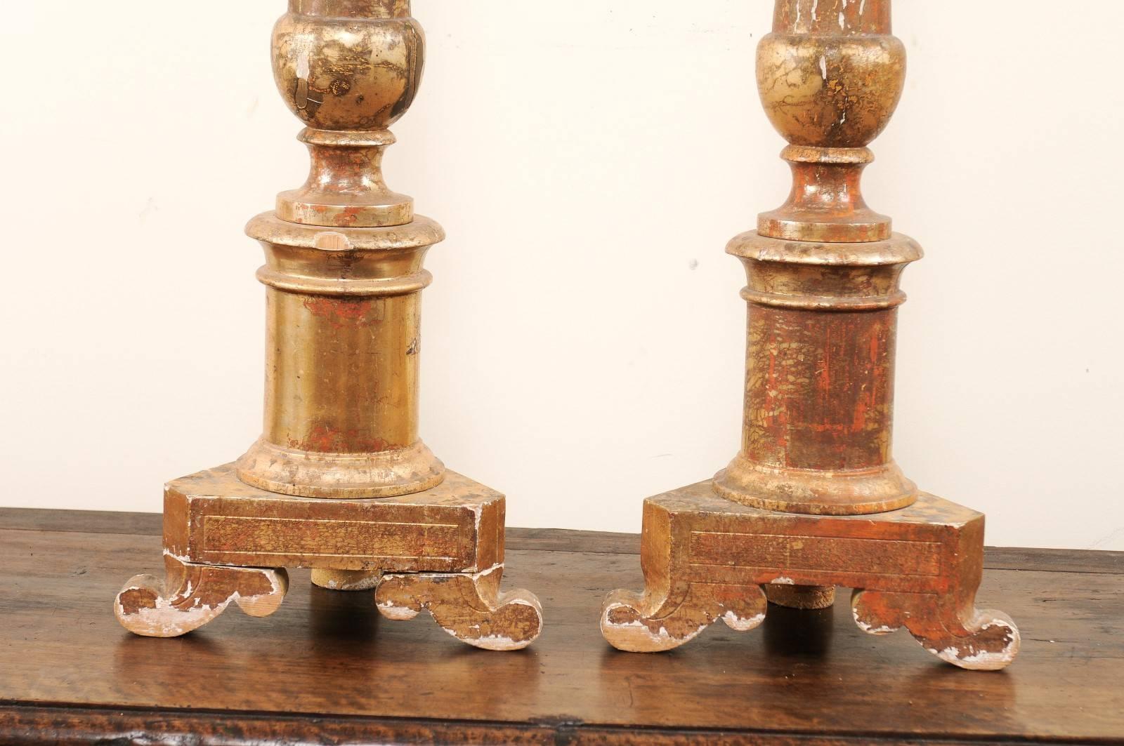 Pair of Italian 19th Century Altar Sticks/Tall Gilded Candlesticks For Sale 4