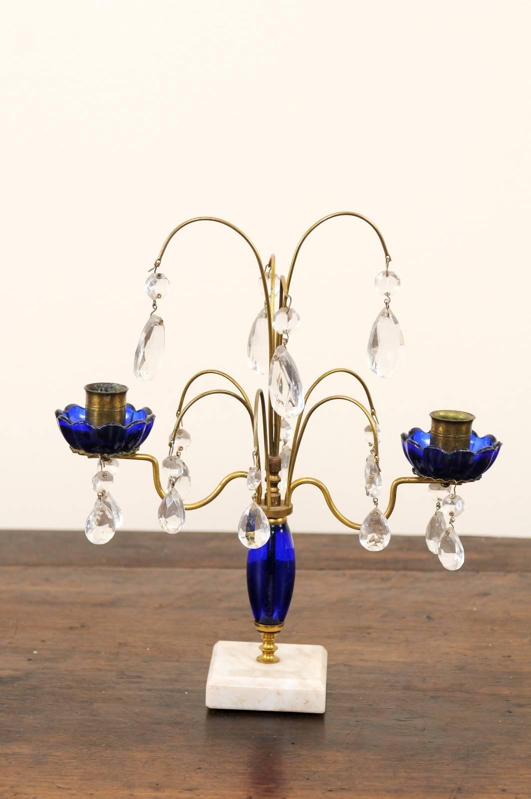 Neoclassical Pair of 19th Century Swedish Crystal and Cobalt Glass Girandoles on Marble Base