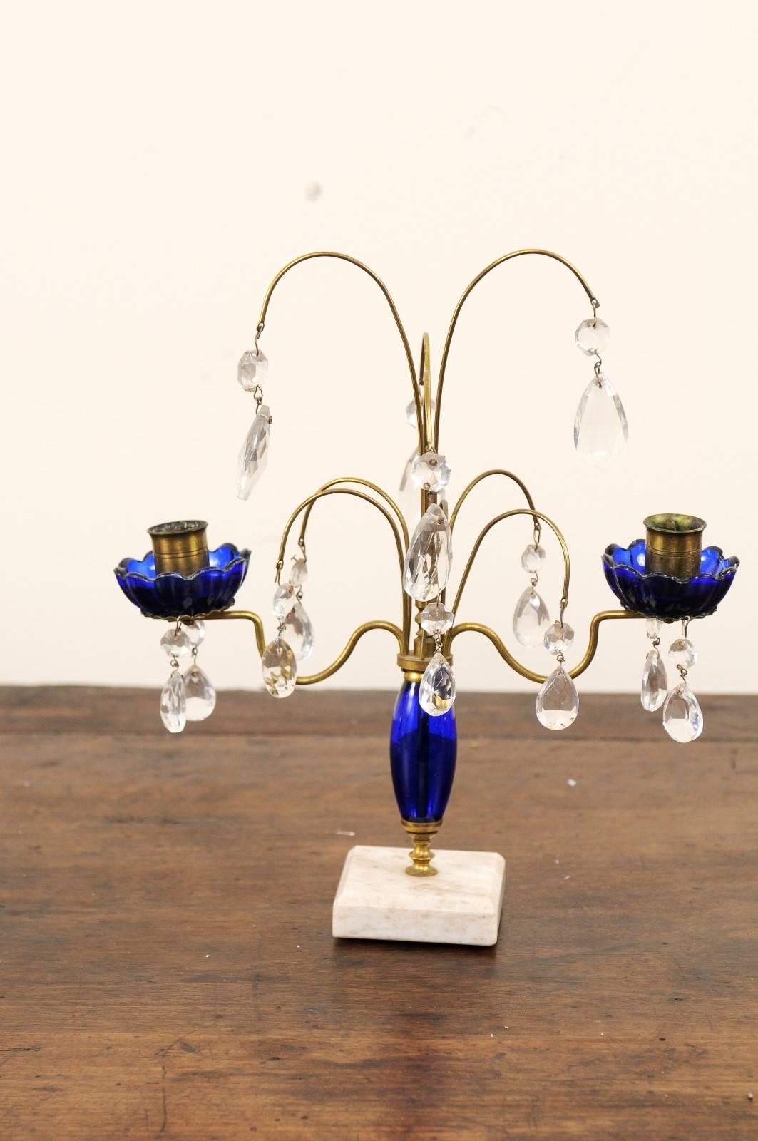 Pair of 19th Century Swedish Crystal and Cobalt Glass Girandoles on Marble Base 2
