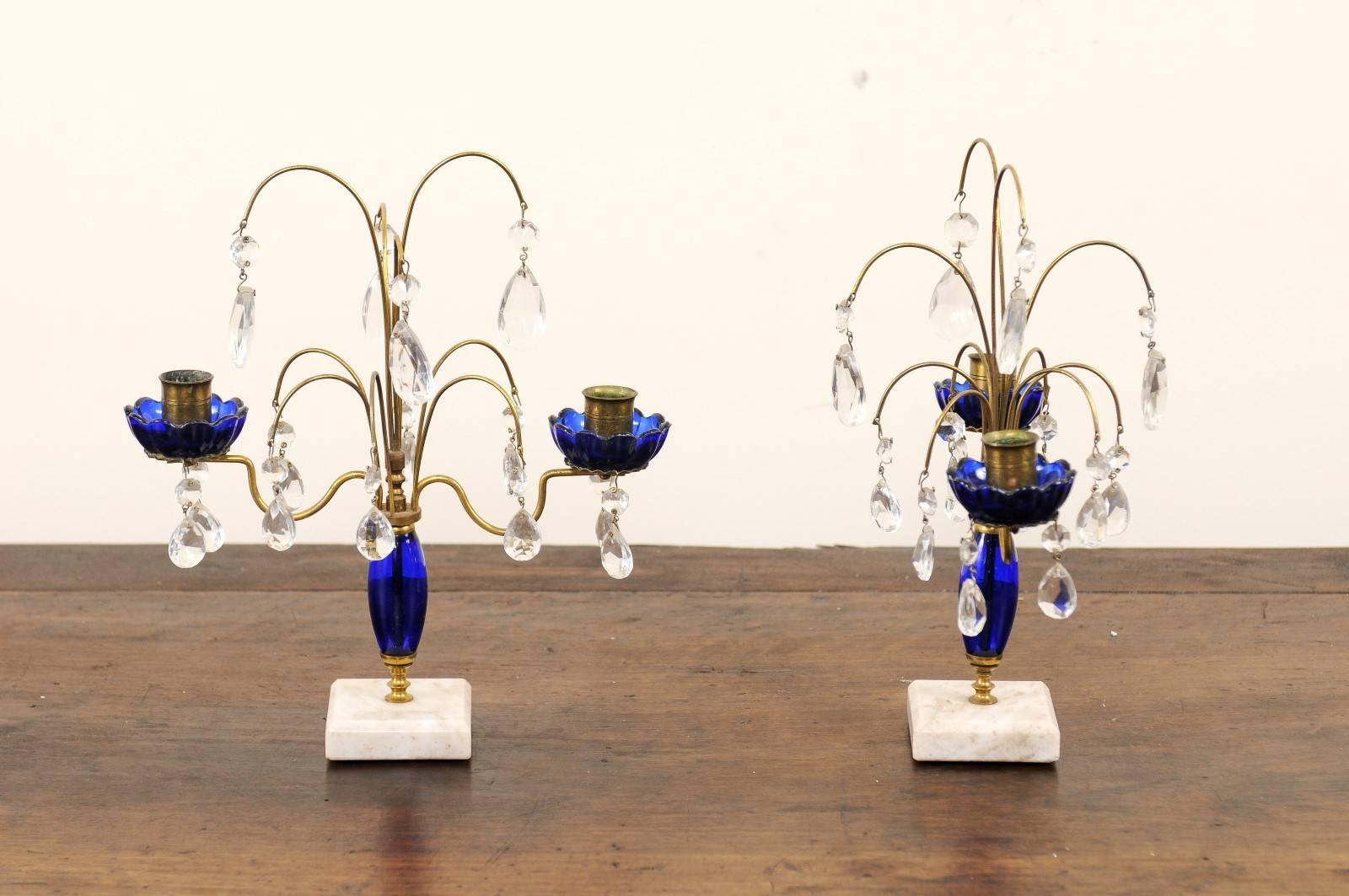 Pair of 19th Century Swedish Crystal and Cobalt Glass Girandoles on Marble Base 5