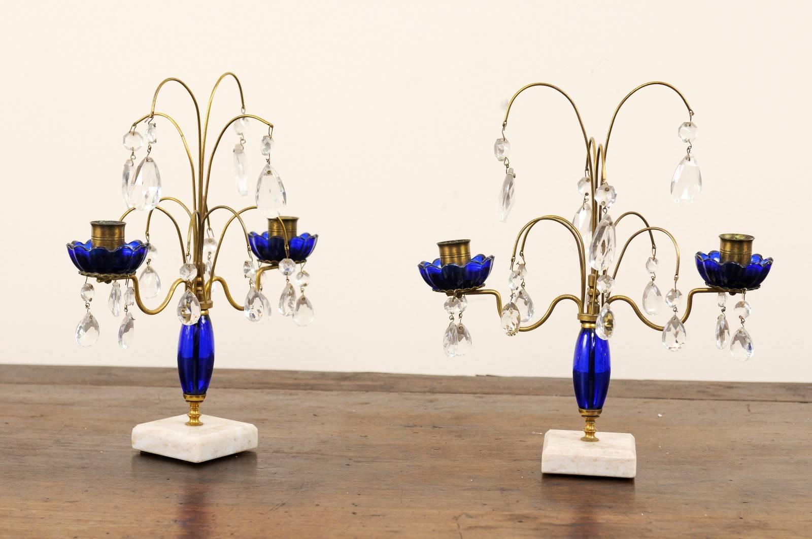 Pair of 19th Century Swedish Crystal and Cobalt Glass Girandoles on Marble Base In Good Condition In Atlanta, GA