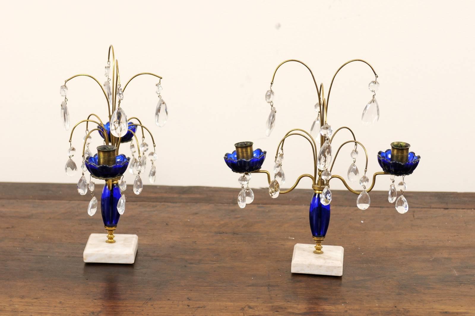 Pair of 19th Century Swedish Crystal and Cobalt Glass Girandoles on Marble Base 1