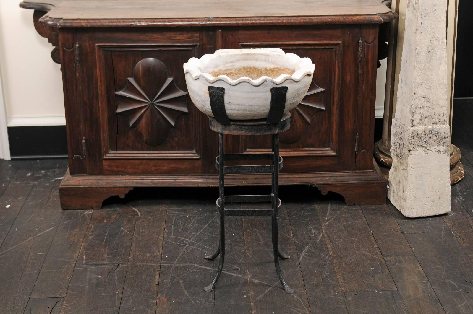 Patinated 19th Century Italian Marble Sink on Metal Stand Originally Used for Holy Water