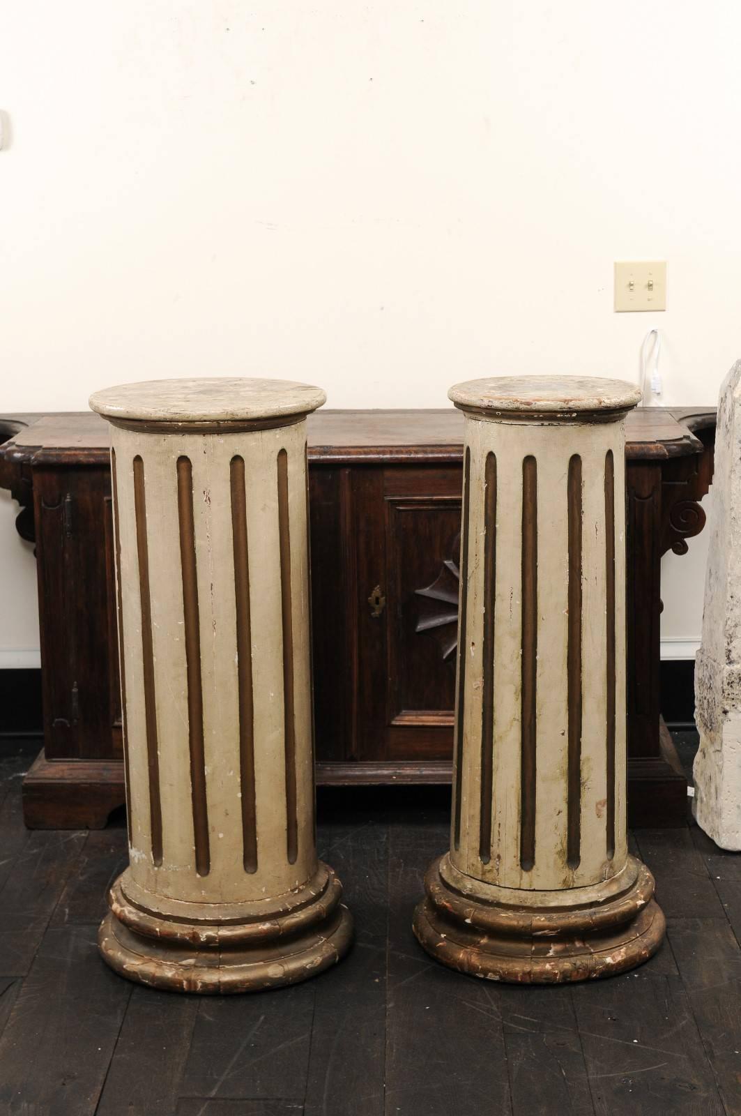 Pair of French 19th Century Tapered and Fluted Columns with Original Cream Paint In Good Condition In Atlanta, GA