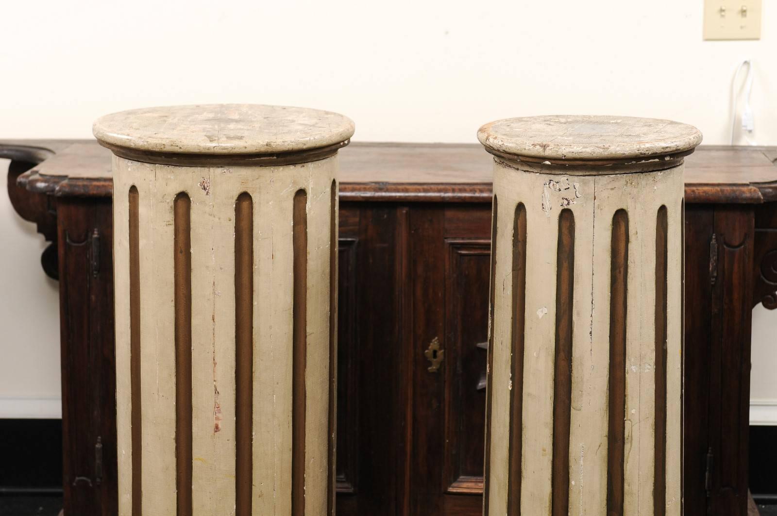 Wood Pair of French 19th Century Tapered and Fluted Columns with Original Cream Paint