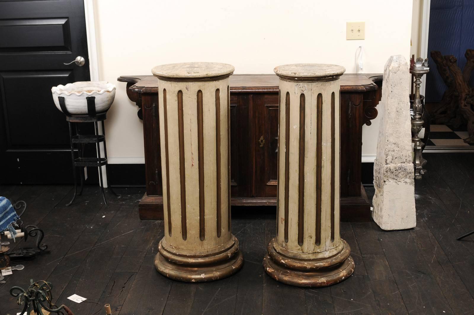 Carved Pair of French 19th Century Tapered and Fluted Columns with Original Cream Paint