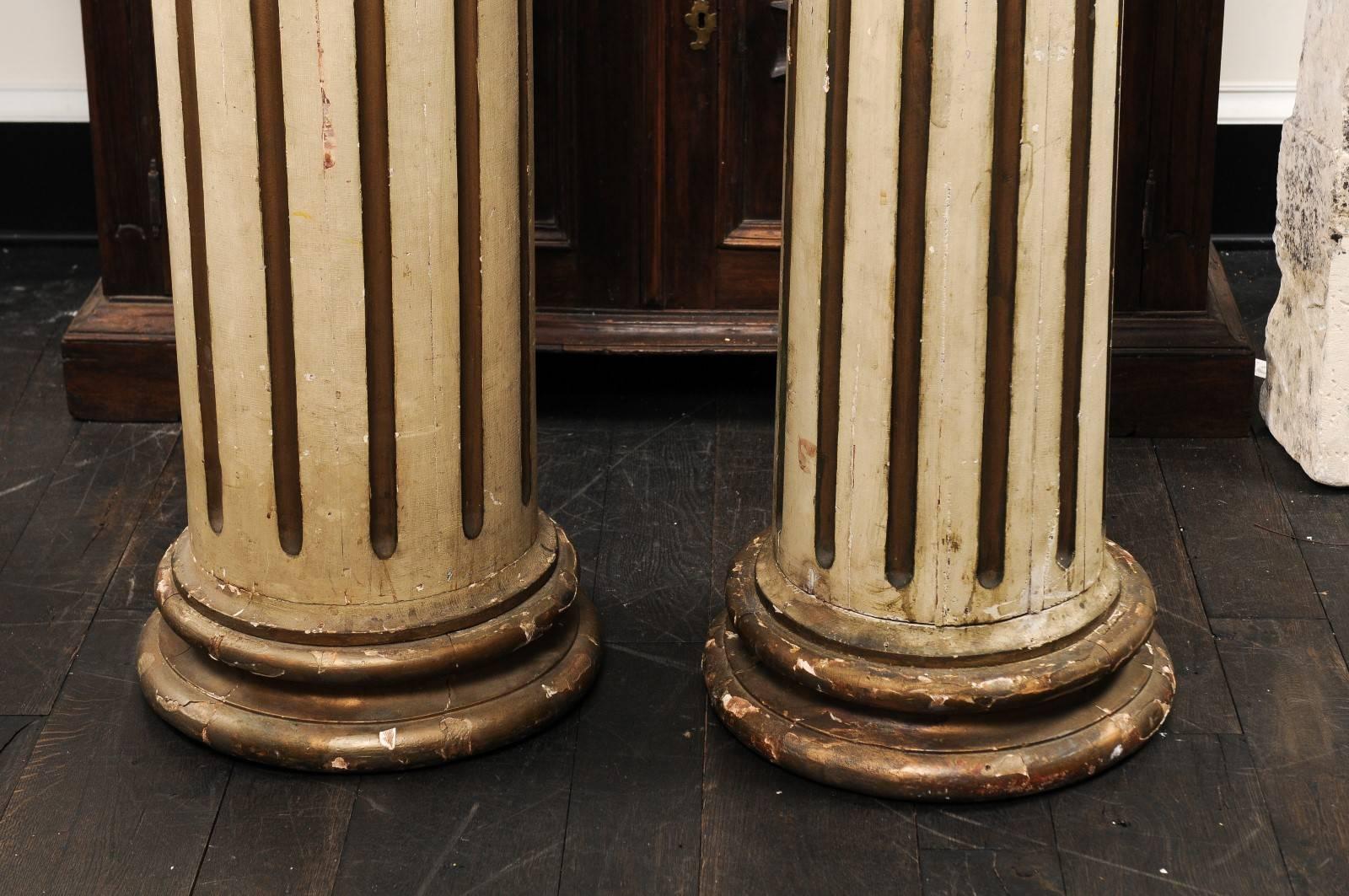 Pair of French 19th Century Tapered and Fluted Columns with Original Cream Paint 1