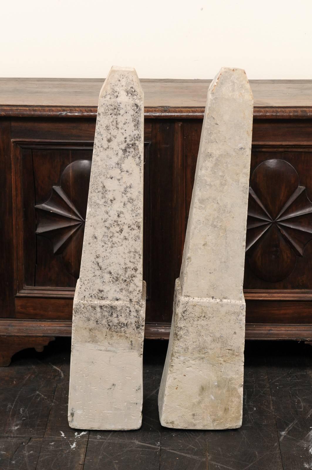 Patinated Pair of 19th Century French Stone Obelisk Property Markers, Perhaps for Garden For Sale