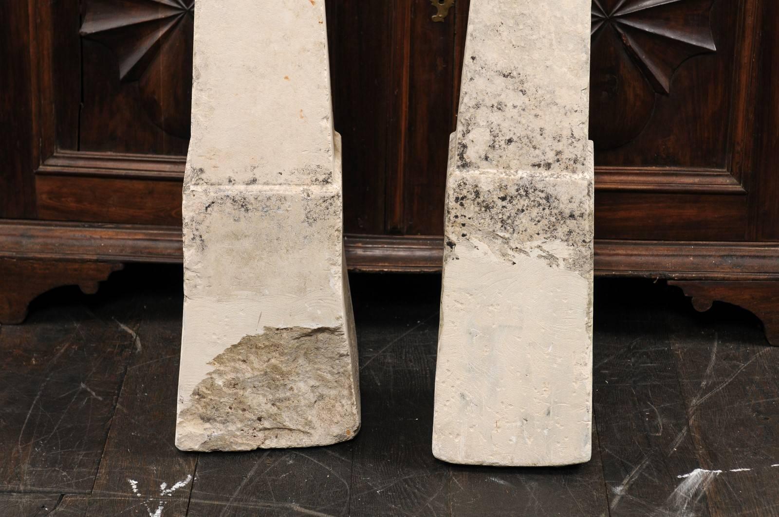 Limestone Pair of 19th Century French Stone Obelisk Property Markers, Perhaps for Garden For Sale