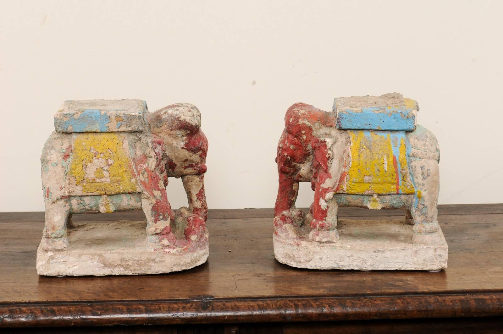Indian Pair of 19th Century Painted Stone Elephants from a Temple in South India