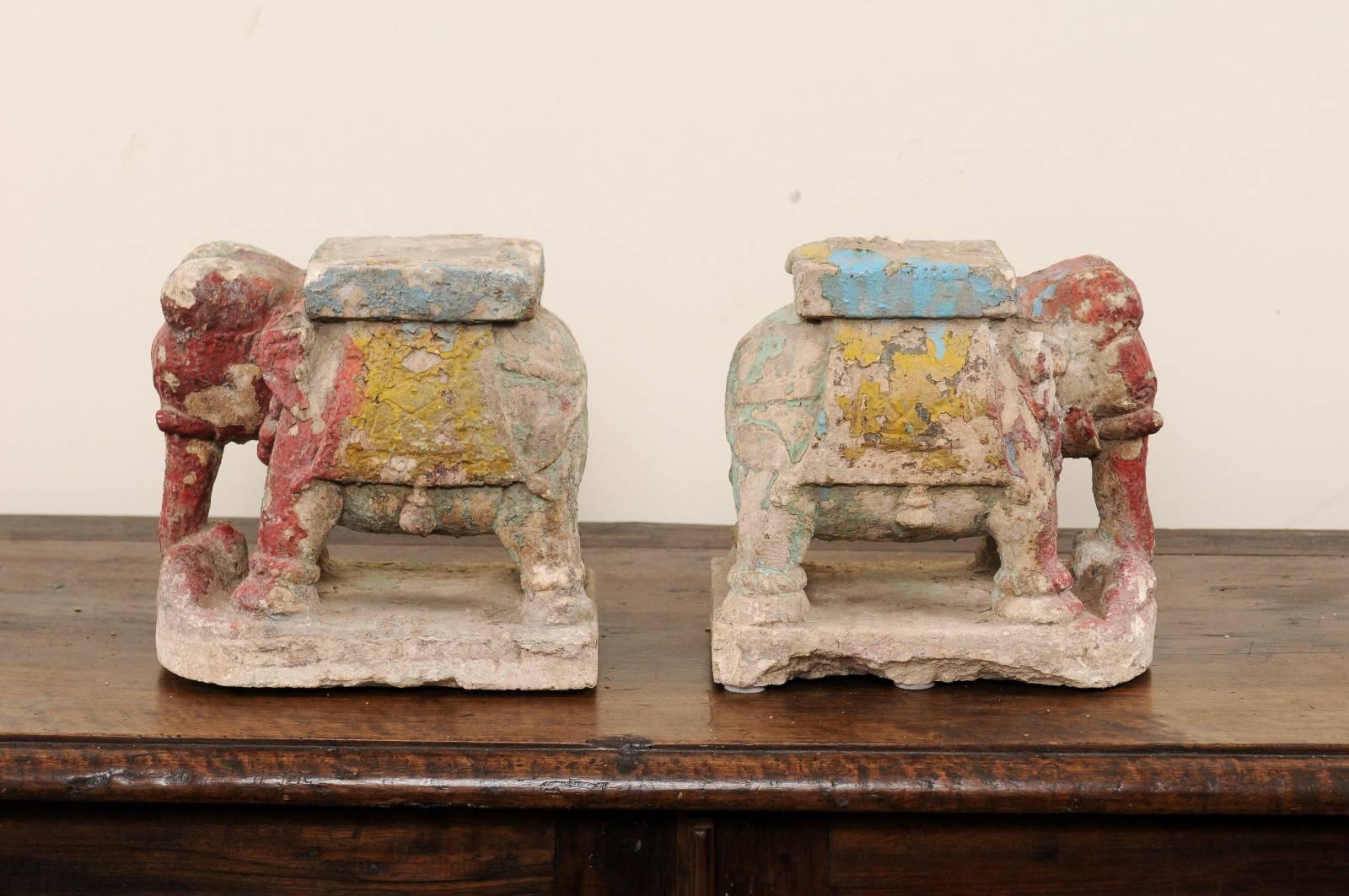 Pair of 19th Century Painted Stone Elephants from a Temple in South India In Good Condition In Atlanta, GA