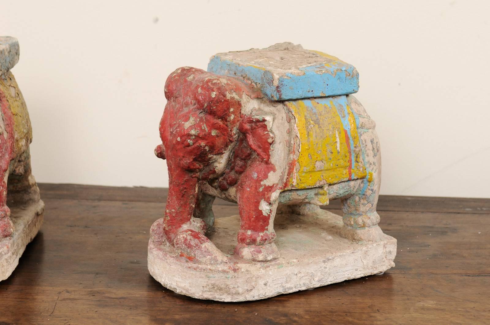 Rustic Pair of 19th Century Painted Stone Elephants from a Temple in South India