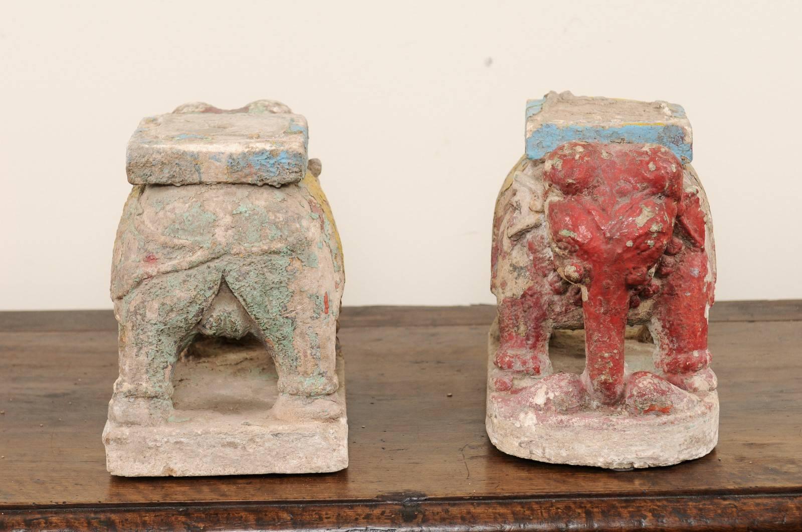 Hand-Carved Pair of 19th Century Painted Stone Elephants from a Temple in South India
