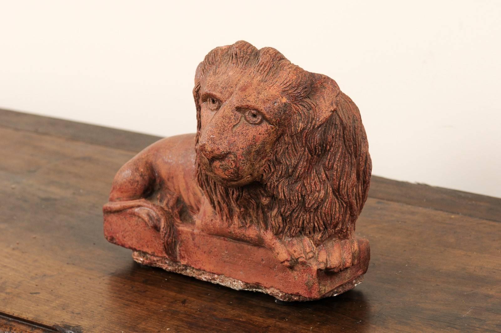 Hand-Crafted Vintage Terracotta Tabletop Lion Sculpture from Kerala, South India, circa 1940