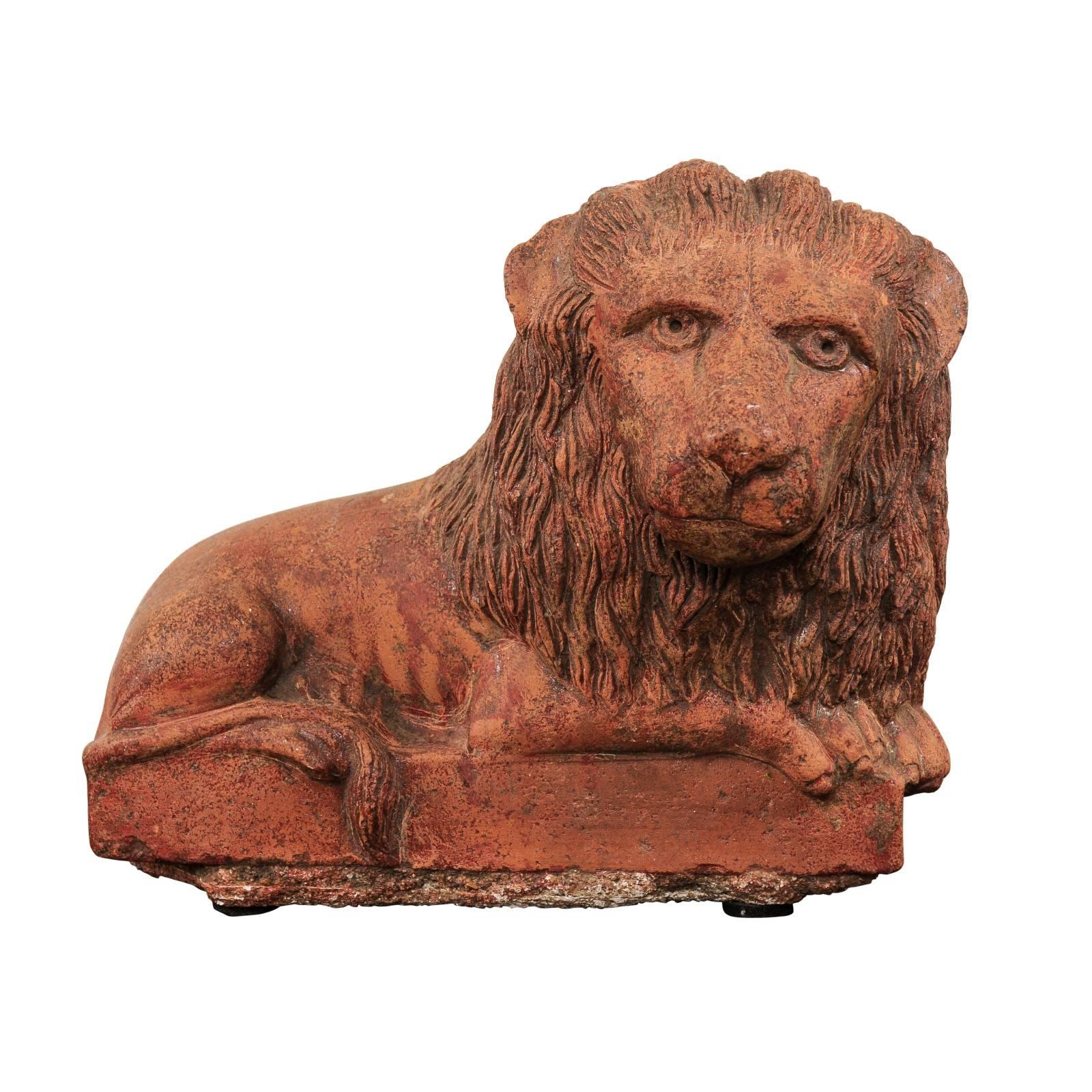 Vintage Terracotta Tabletop Lion Sculpture from Kerala, South India, circa 1940