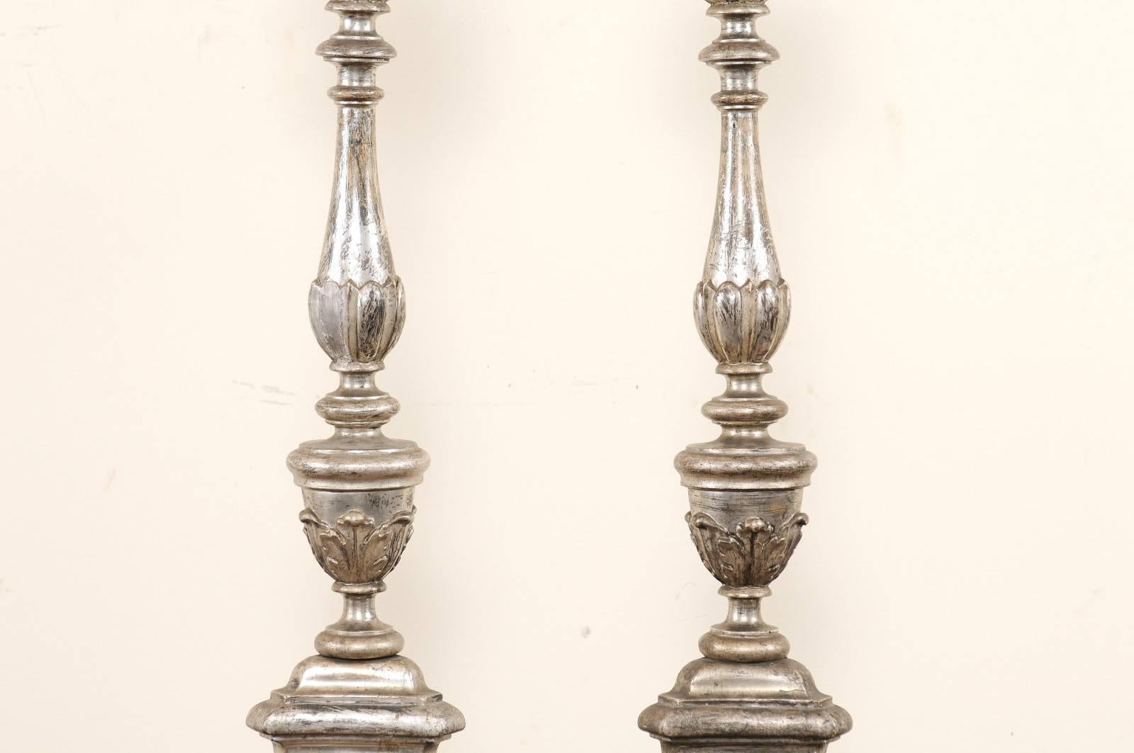 Carved Pair of Tall Italian 19th Century Silver Gilt Candlesticks from Italian Church For Sale