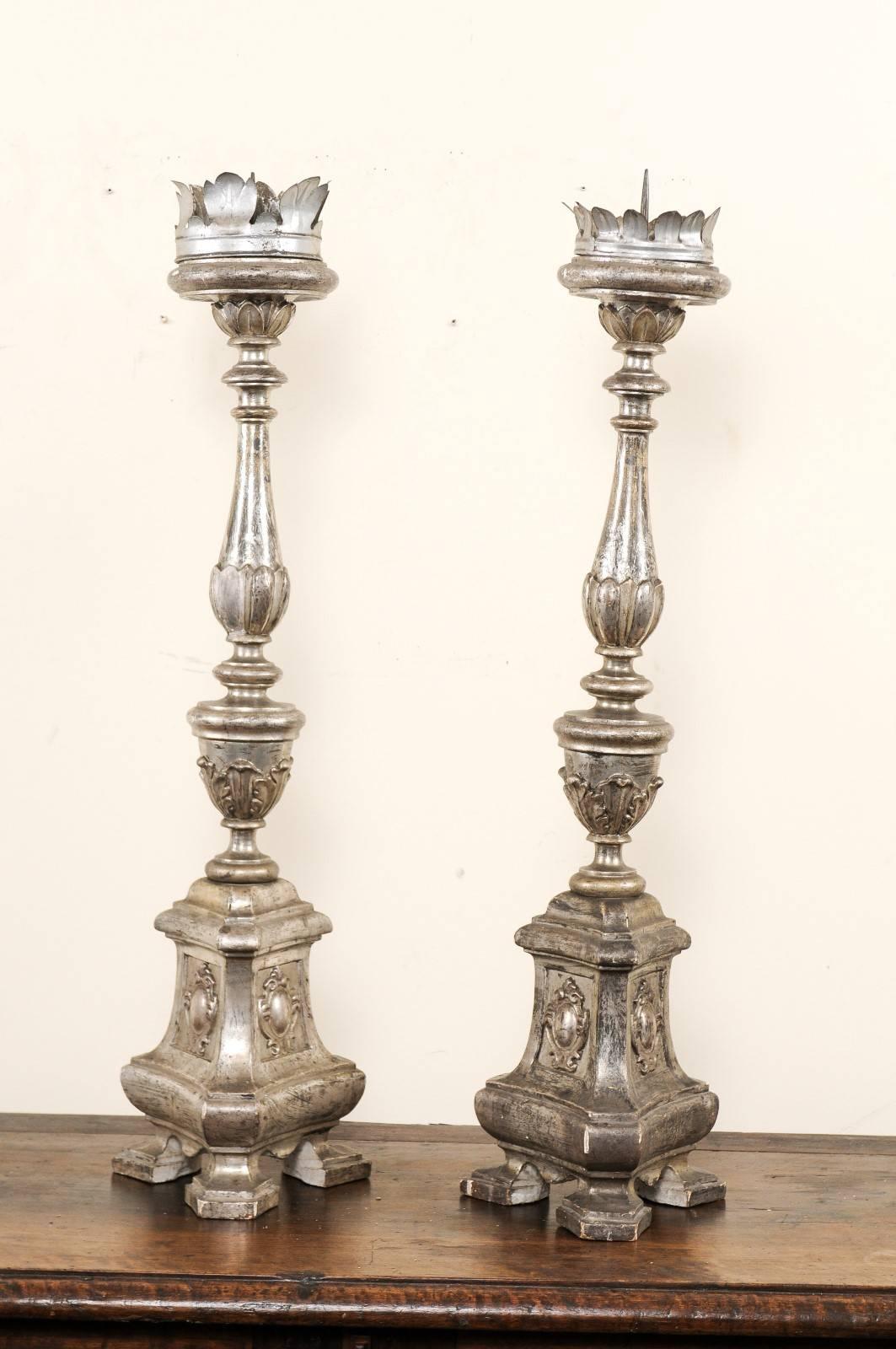 Pair of Tall Italian 19th Century Silver Gilt Candlesticks from Italian Church For Sale 1