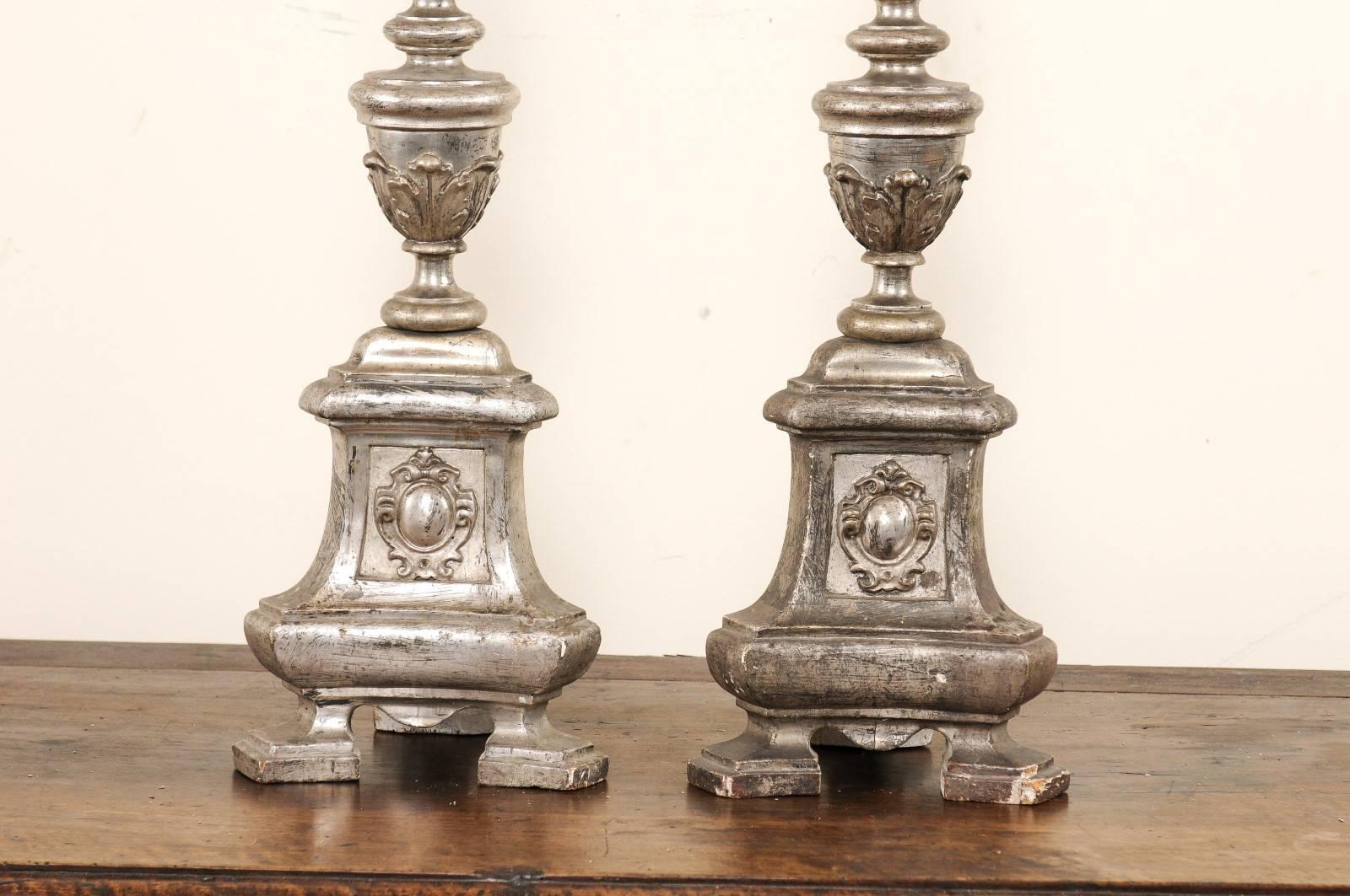 Pair of Tall Italian 19th Century Silver Gilt Candlesticks from Italian Church In Good Condition For Sale In Atlanta, GA