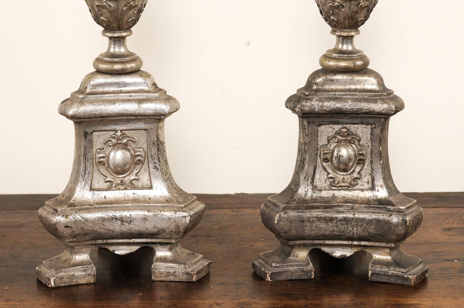Wood Pair of Tall Italian 19th Century Silver Gilt Candlesticks from Italian Church For Sale