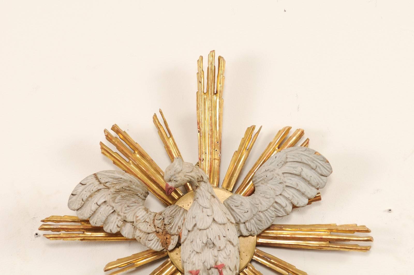 Carved 19th Century Italian Gilt Sun Burst Altar Piece Fragment with Painted Dove