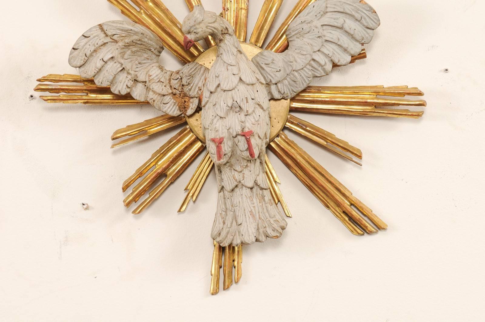 19th Century Italian Gilt Sun Burst Altar Piece Fragment with Painted Dove In Good Condition In Atlanta, GA