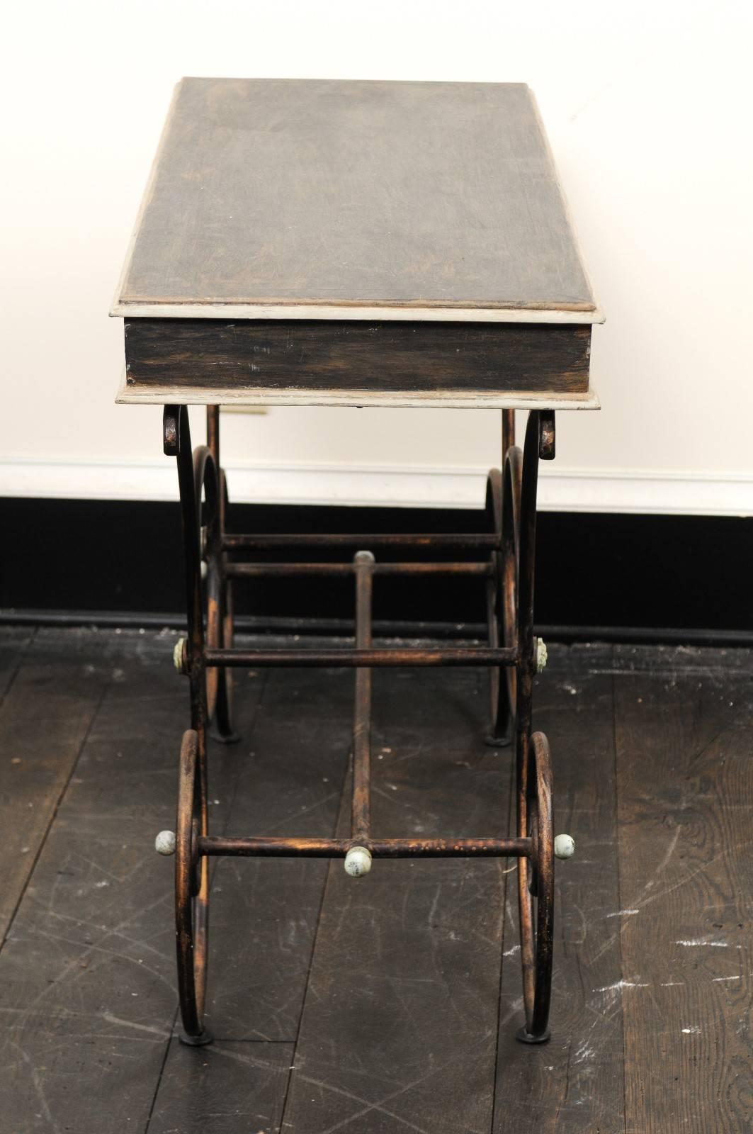 French Vintage Baker's Table with Painted Wood Top and Scrolled Iron Base In Good Condition For Sale In Atlanta, GA