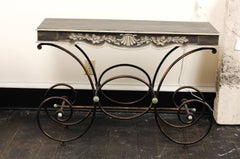 French Vintage Baker's Table with Painted Wood Top and Scrolled Iron Base