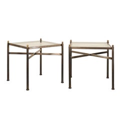 Pair of Vintage Glass Top Square Side Tables with Metal Frames and X-Stretchers