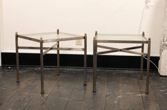 Pair of Vintage Glass Top Square Side Tables with Metal Frames and X-Stretchers