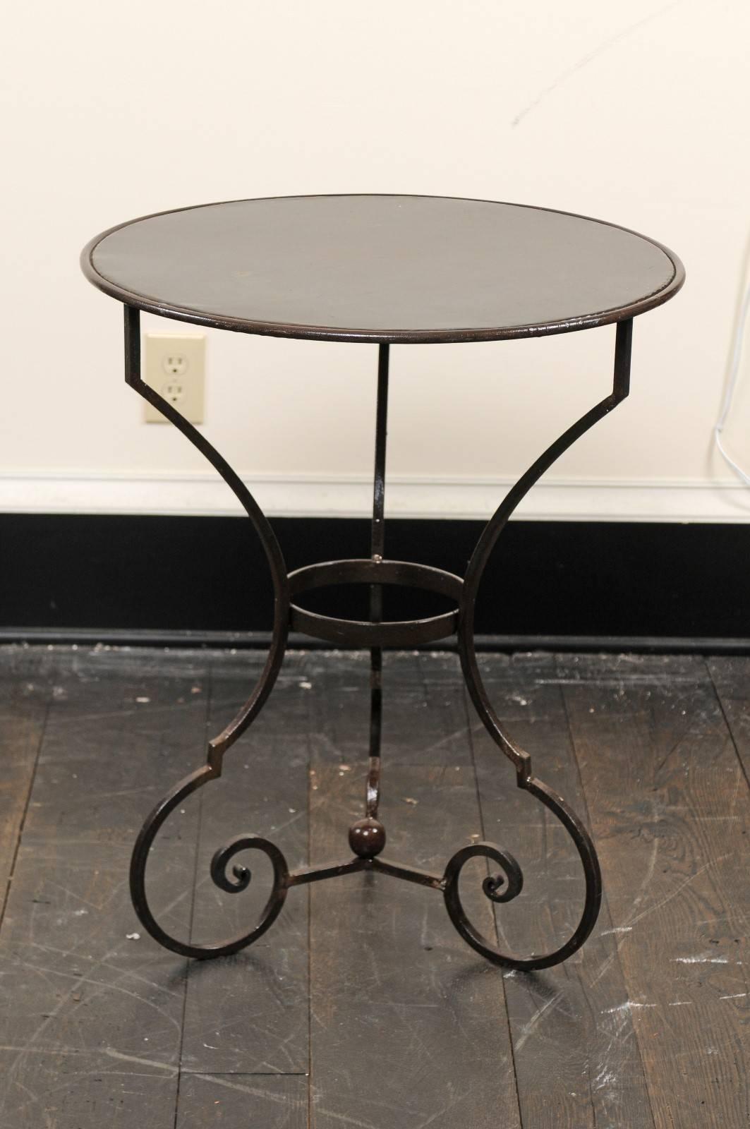 Patinated Pair of Petite Round Scrolling Steel Metal Bisto or Guéridon Tables