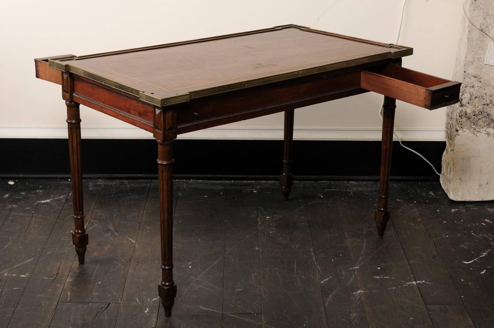 Metal European Mid-20th Century Backgammon Table with Leather and Marquetry