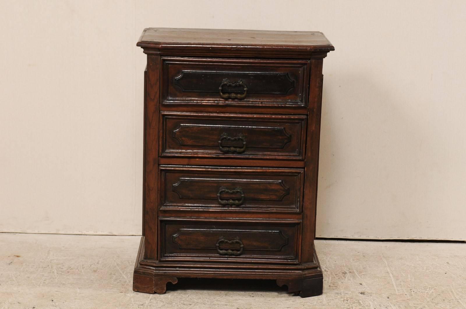 Carved Late 18th Century Italian Four-Drawer Petite Rich Walnut Wood Commode