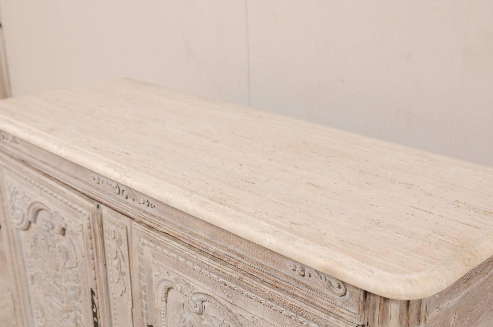 French Highly Detailed Carved Wood Cabinet with Marble Top in Soft Cream Color 2