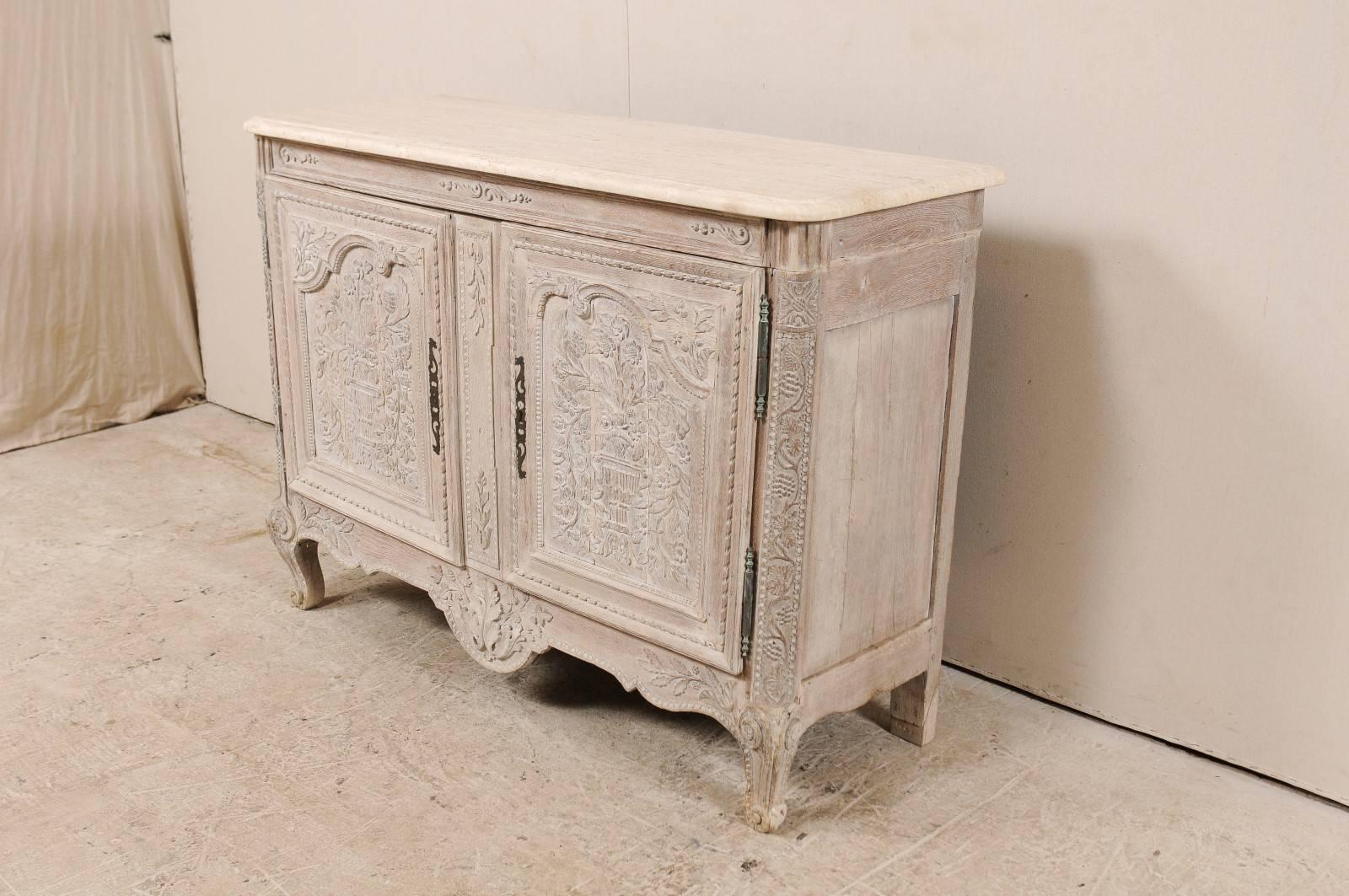 French Highly Detailed Carved Wood Cabinet with Marble Top in Soft Cream Color 1