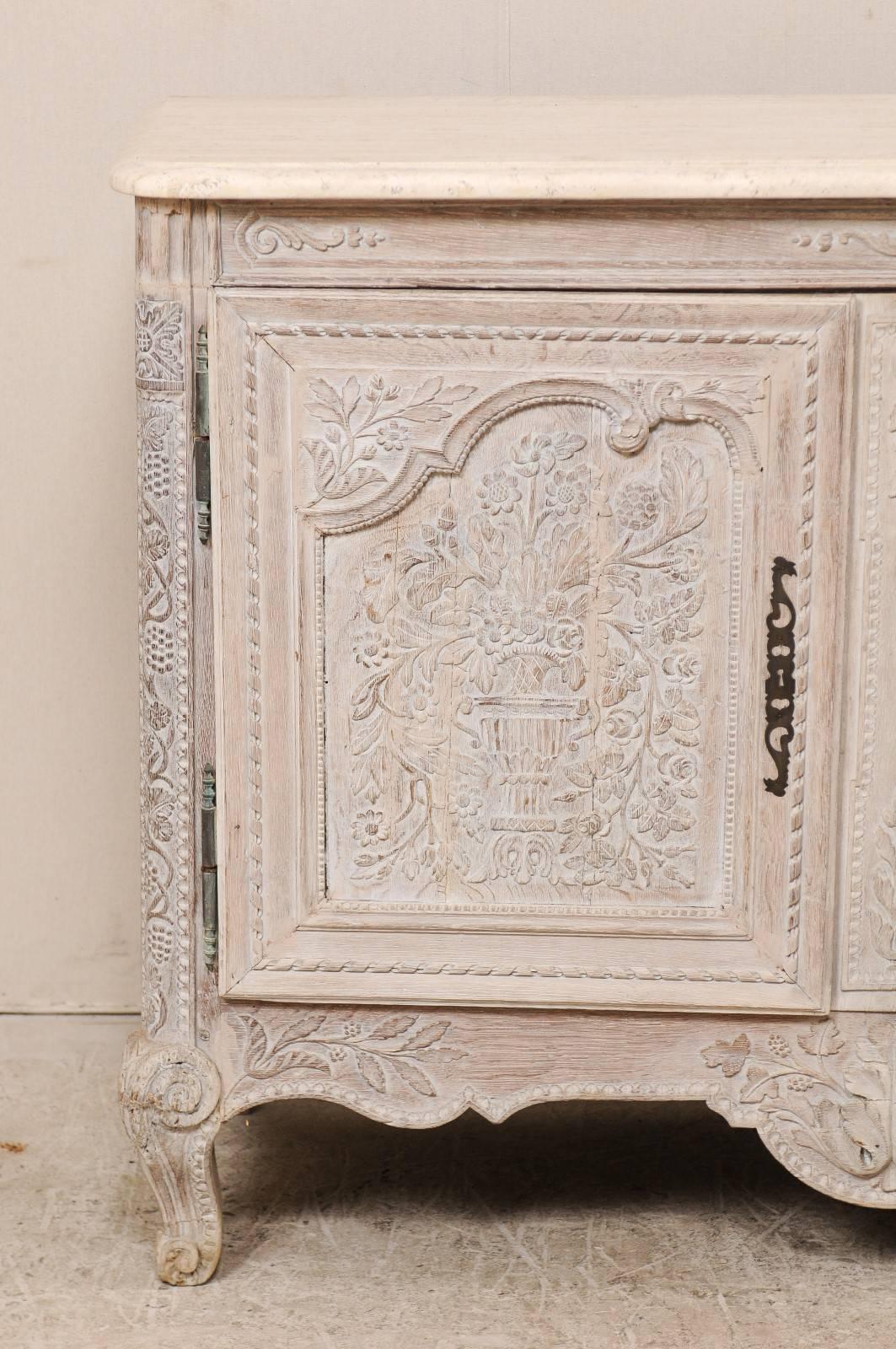French Highly Detailed Carved Wood Cabinet with Marble Top in Soft Cream Color In Good Condition In Atlanta, GA