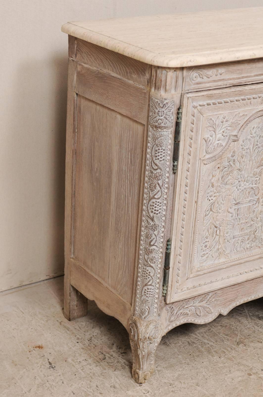 French Highly Detailed Carved Wood Cabinet with Marble Top in Soft Cream Color 3