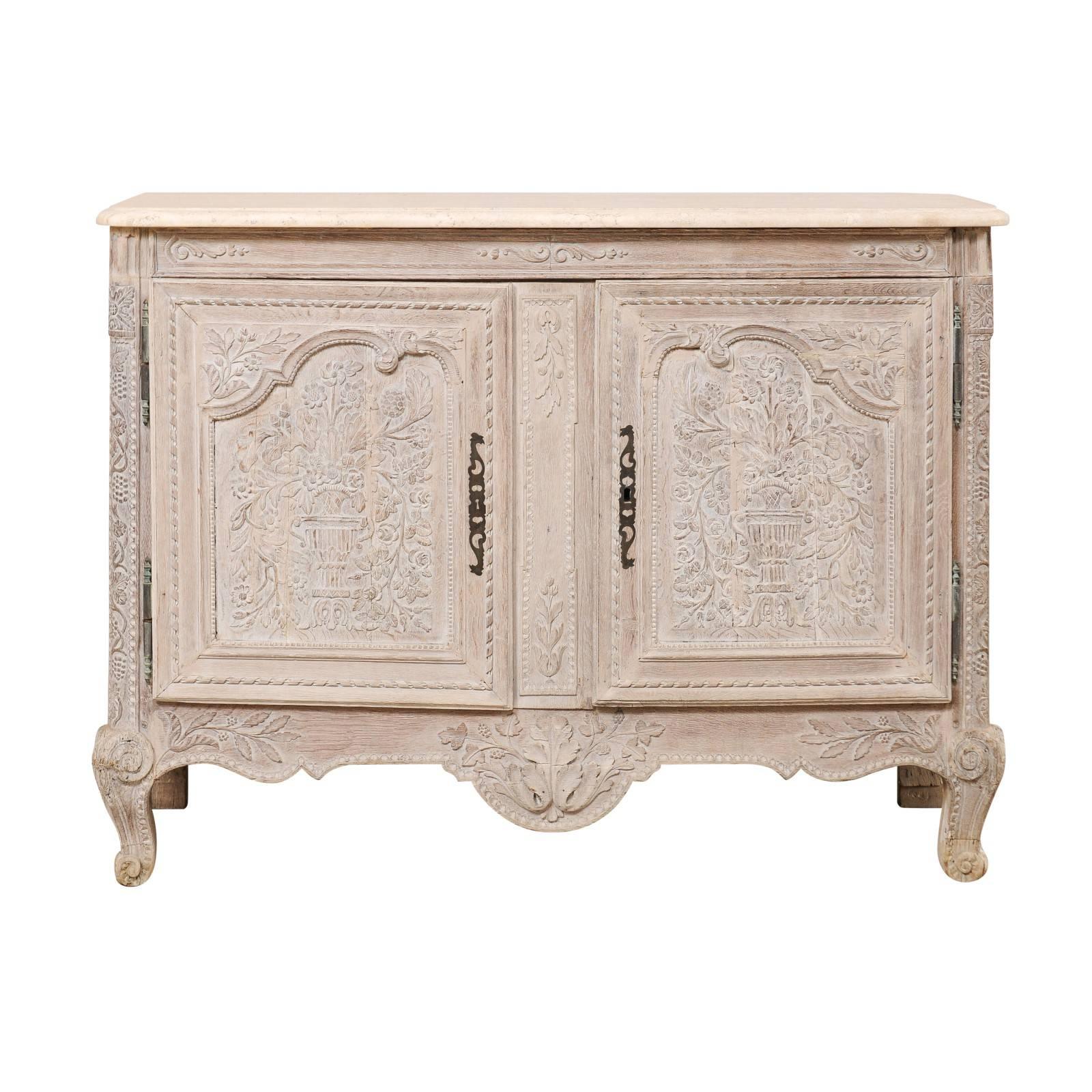 French Highly Detailed Carved Wood Cabinet with Marble Top in Soft Cream Color