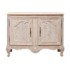 French Highly Detailed Carved Wood Cabinet with Marble Top in Soft Cream Color