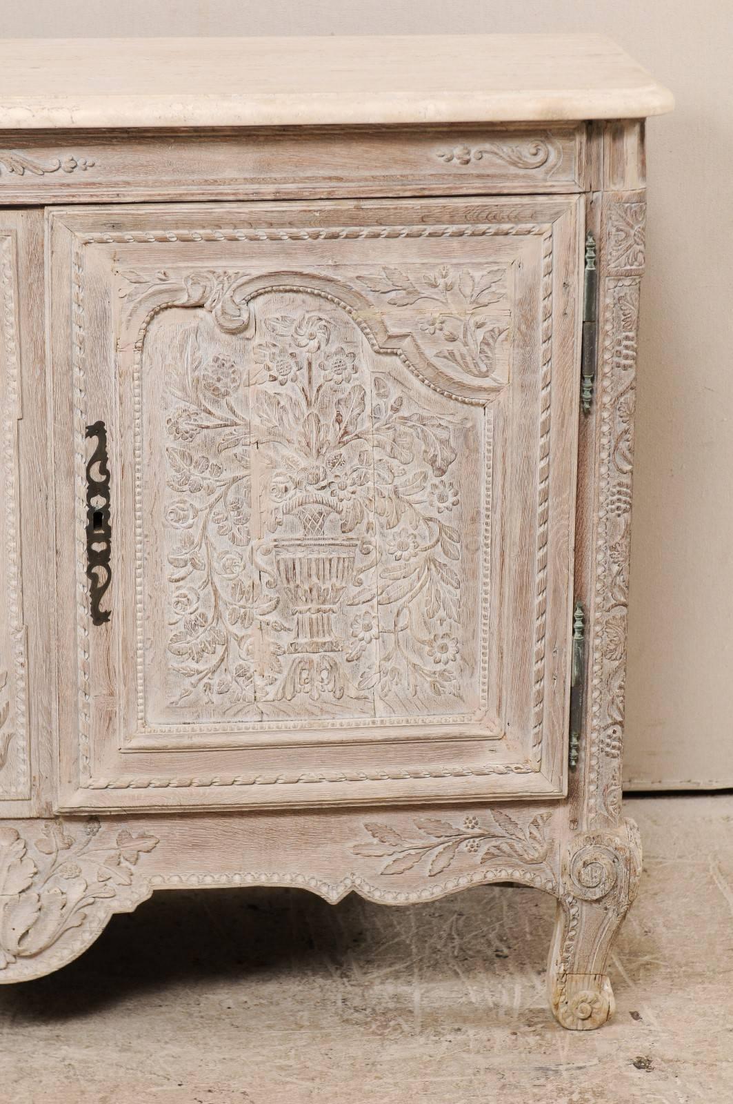 20th Century French Highly Detailed Carved Wood Cabinet with Marble Top in Soft Cream Color