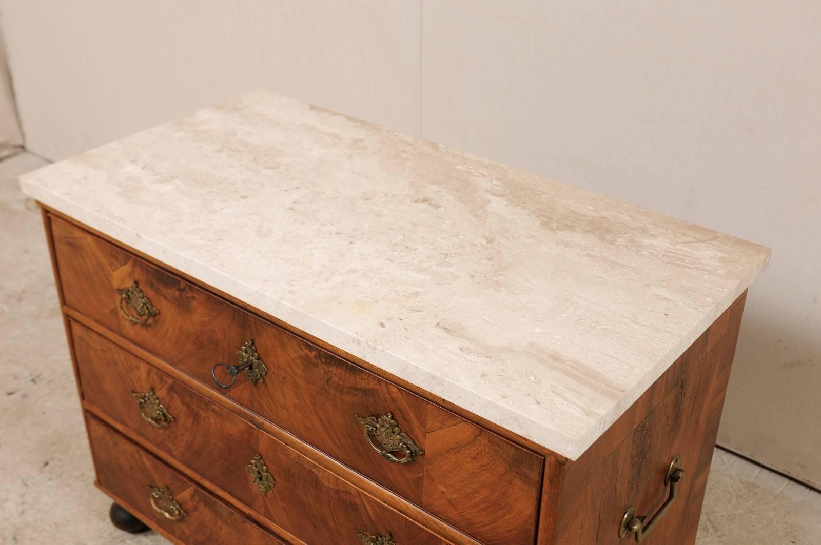 18th Century and Earlier Swedish, 18th Century Wood Three-Drawer Chest with Marble Top & Rococo Hardware