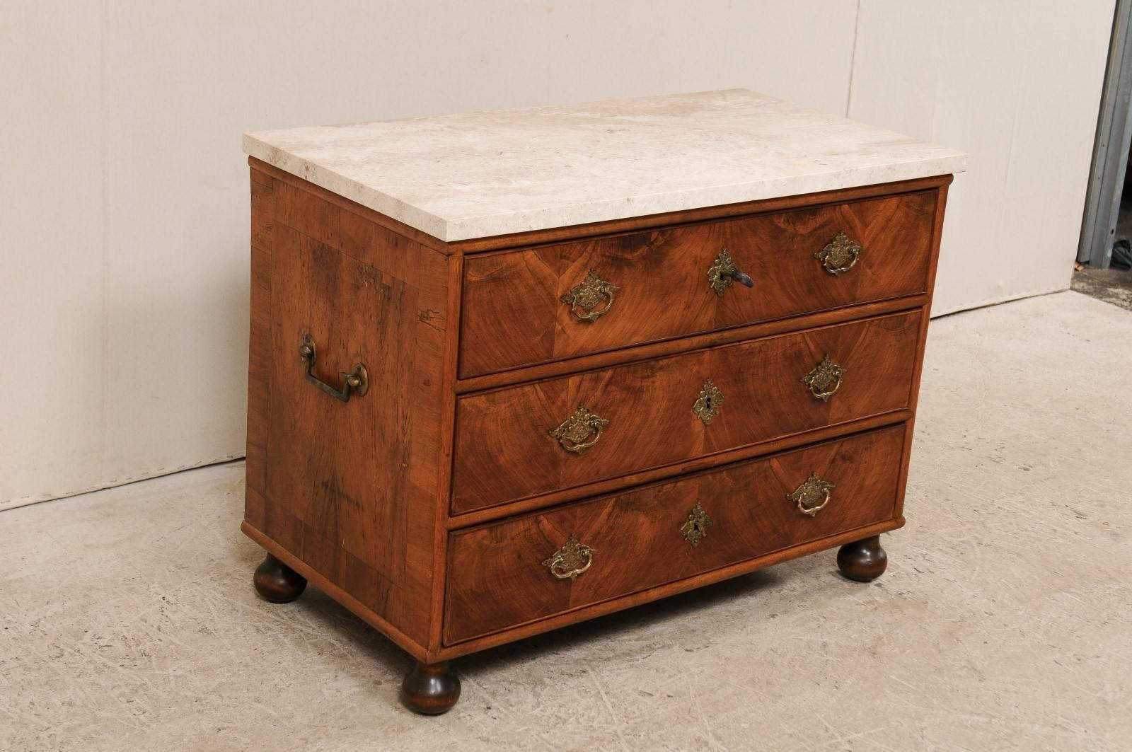 Carved Swedish, 18th Century Wood Three-Drawer Chest with Marble Top & Rococo Hardware