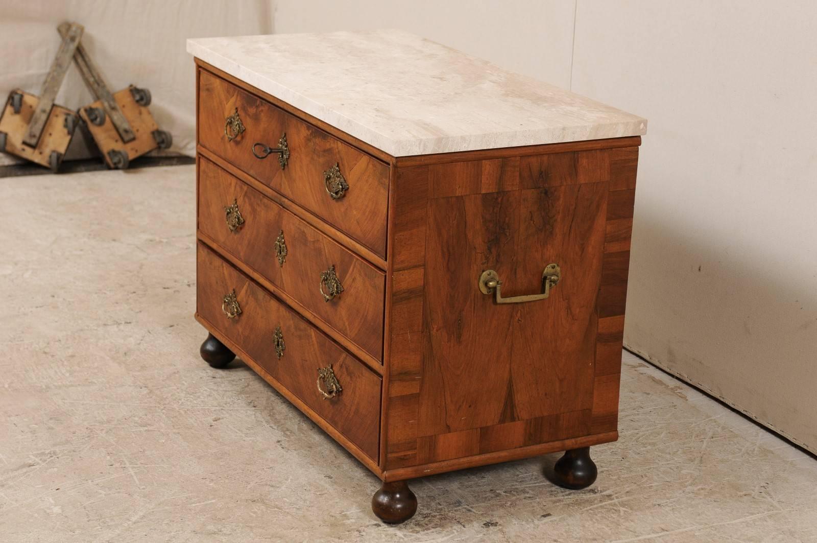 Swedish, 18th Century Wood Three-Drawer Chest with Marble Top & Rococo Hardware In Good Condition In Atlanta, GA
