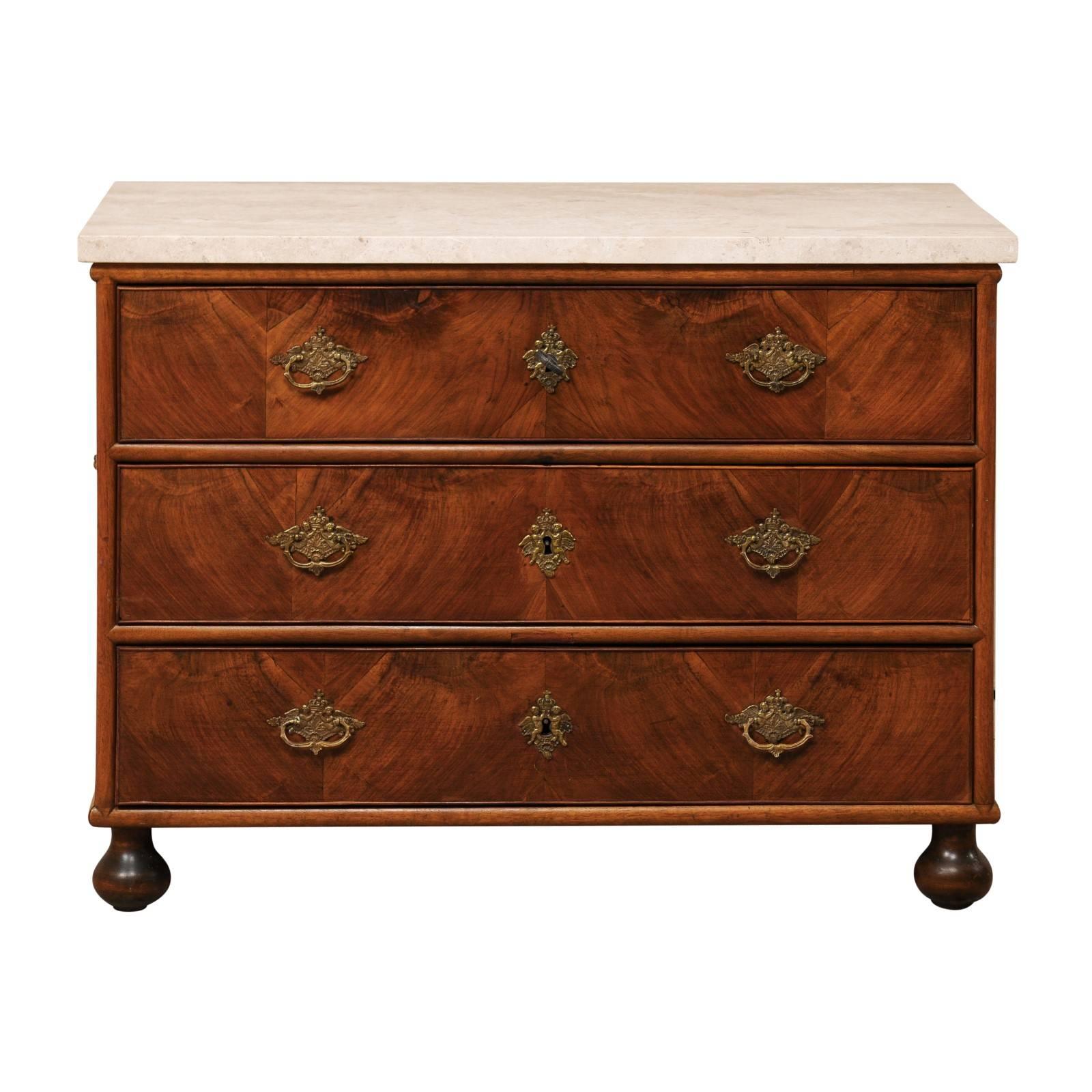 Swedish, 18th Century Wood Three-Drawer Chest with Marble Top & Rococo Hardware
