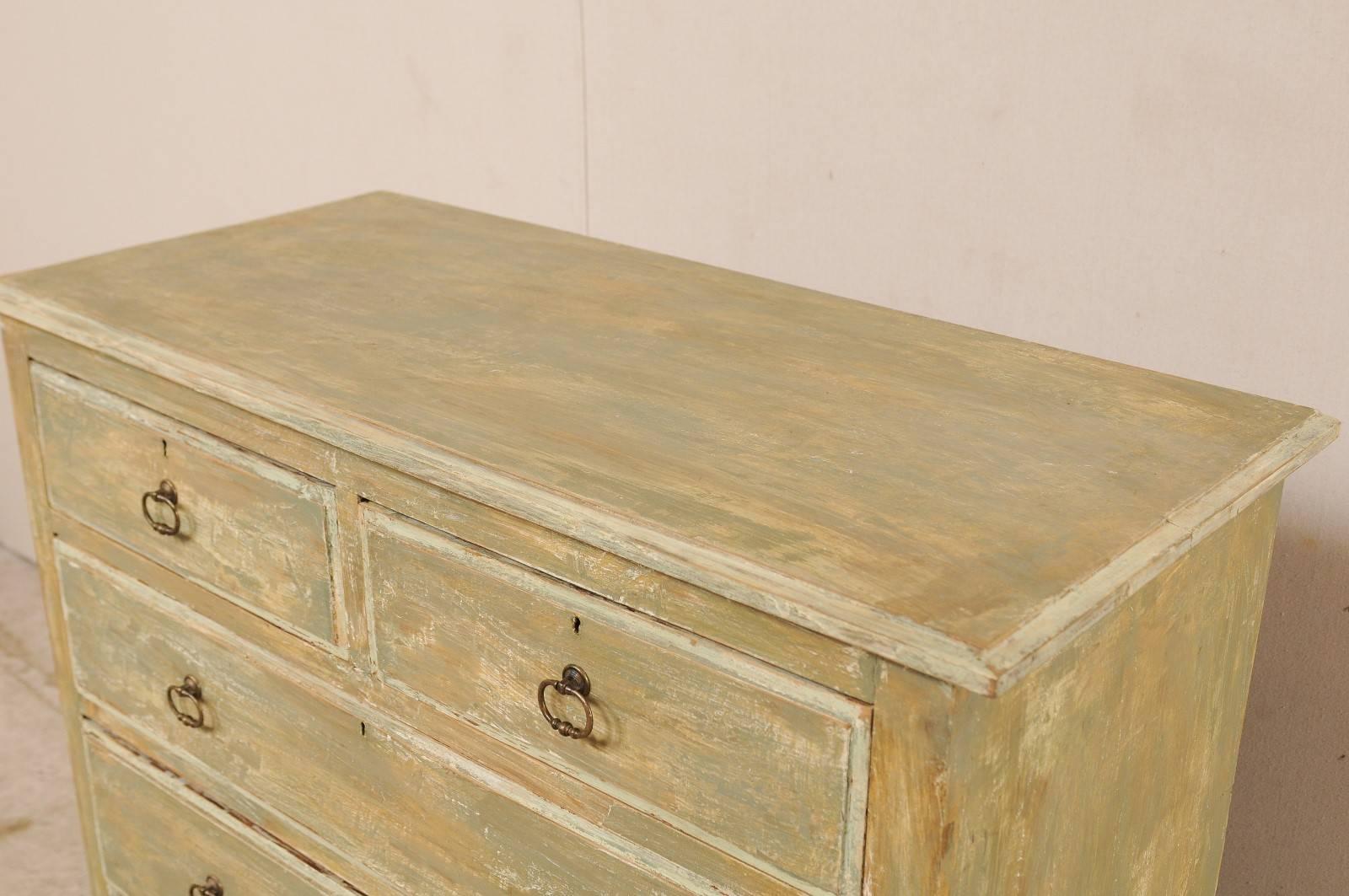 Swedish Painted Wood Five-Drawer Antique Chest in Green-Grey and Beige Tones 1
