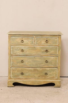 Swedish Painted Wood Five-Drawer Antique Chest in Green-Grey and Beige Tones