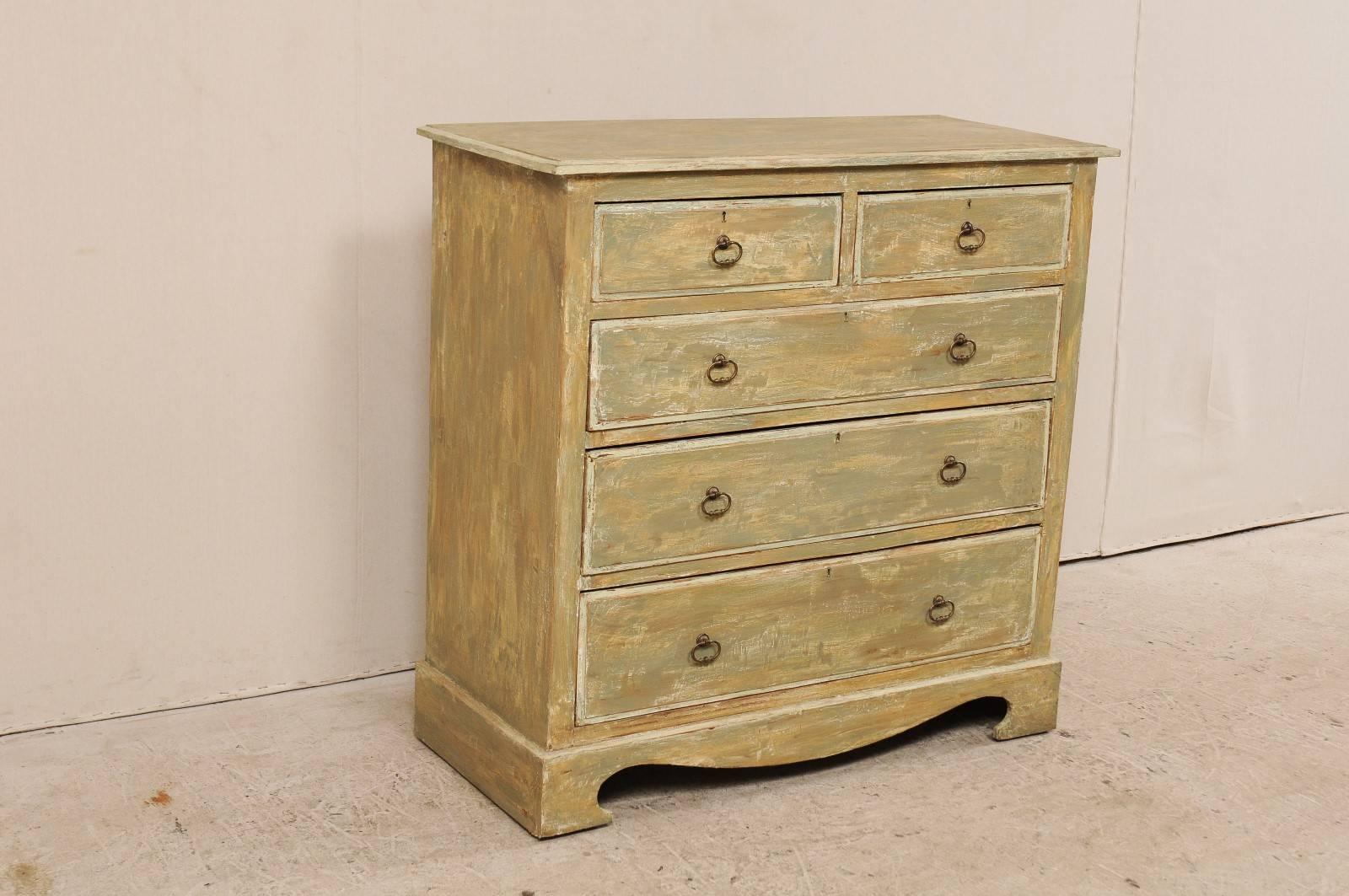 Carved Swedish Painted Wood Five-Drawer Antique Chest in Green-Grey and Beige Tones